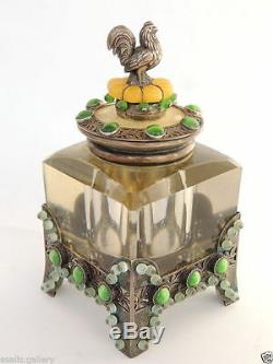 1883 ART Imperial Russian Silver 84 Inkwell Decorated Gemstones Amber, Cats Eye