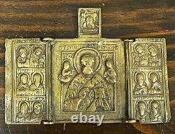 18c. Antique Imperial Russian Icon Bronze Travel Triptych Saint Nicholas Believer