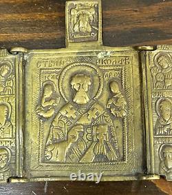 18c. Antique Imperial Russian Icon Bronze Travel Triptych Saint Nicholas Believer