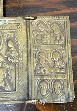 18c. Antique Imperial Russian Icon Bronze Travel Triptych Saint Nicholas Believer
