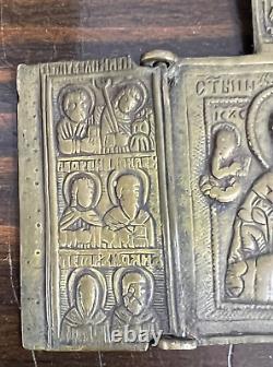 18c. Antique Imperial Russian Icon Bronze Travel Triptych Saint Nicholas Believer