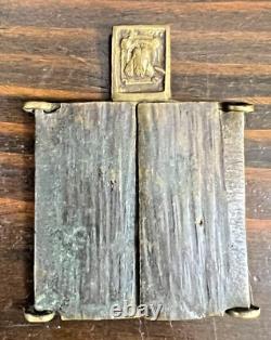 18c. Antique Imperial Russian Icon Bronze Travel Triptych Saint Nicholas Believer