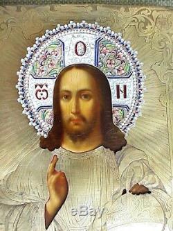18c RUSSIAN SILVER 84 IMPERIAL ORTHODOX ICON JESUS CHRIST GOD ENAMEL GOLD CROSS