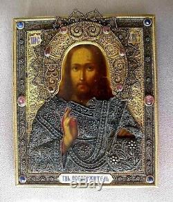 1900 Rare Russian Imperial Icon Jesus Christ God 84 Silver Filigree Oklad Gold