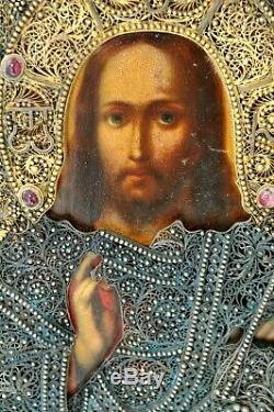 1900 Rare Russian Imperial Icon Jesus Christ God 84 Silver Filigree Oklad Gold