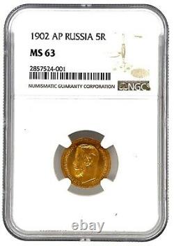 1902 Ms-63 Gold Coin 5 Roubles Graded Ngc Rubles Russian Imperial Antique Coin
