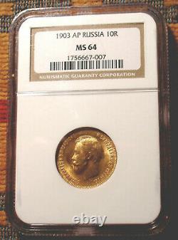 1903 Ngc Ms64 10 Roubles Russian Tzar Antique Gold Coin Imperial Antique Russia