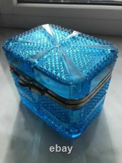 1909 Huge Antique Imperial Russian Blue Glass Trinket Jewelry Box Marked