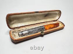 19c. Antique Imperial Russian Butterscotch Amber Silver Niello Cigarette Holder