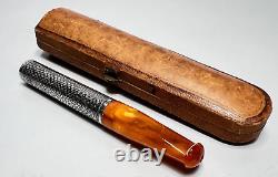 19c. Antique Imperial Russian Butterscotch Amber Silver Niello Cigarette Holder