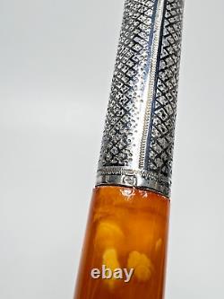 19c. Antique Imperial Russian Butterscotch Amber Silver Niello Cigarette Holder