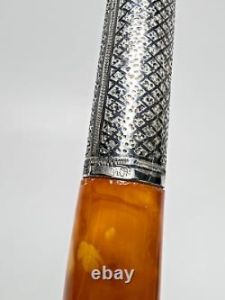 19c. Antique Imperial Russian Butterscotch Amber Silver Niello Cigarette Holder