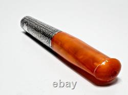 19c. Antique Imperial Russian Butterscotch Amber Silver Niello Cigarette Holder