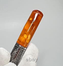 19c. Antique Imperial Russian Butterscotch Amber Silver Niello Cigarette Holder