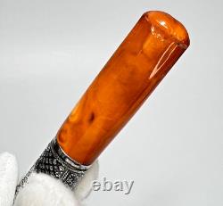 19c. Antique Imperial Russian Butterscotch Amber Silver Niello Cigarette Holder