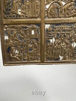 19c. Antique Imperial Russian Orthodox Traveling Bronze Enamel Icon Panel Jesus