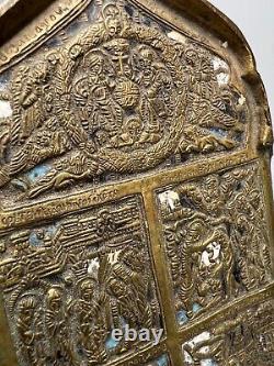 19c. Antique Imperial Russian Orthodox Traveling Bronze Icon Panel Jesus Saints