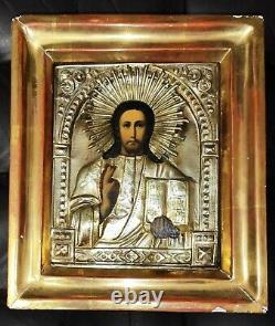 19th Antique Imperial Russian Silver Plated Christian Icon Oil Jesus Almighty