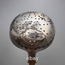 19th Original Antique Imperial Russian Silver 84 Engraved Tea Strainer Signed