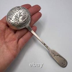 19th Original Antique Imperial Russian Silver 84 Engraved Tea Strainer Signed