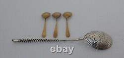 1 Russian Silver 84 Imperial Spoon + 3 Silver 875 Enamel Soveit Salt Spoons