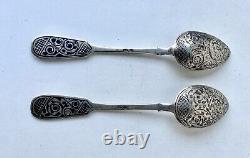 2 Antique Imperial Russian Niello Silver 84 Spoons With Hand Engraving KAVKAZ