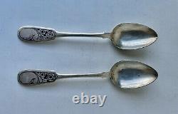 2 Antique Imperial Russian Niello Silver 84 Spoons With Hand Engraving KAVKAZ