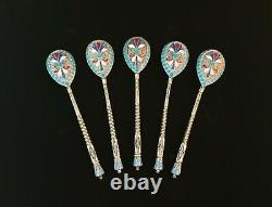 5 Rare Antique Imperial Russian Cloisonne Hot Enamel Silver Twist Tea Spoon Set