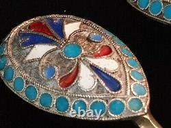 5 Rare Antique Imperial Russian Cloisonne Hot Enamel Silver Twist Tea Spoon Set