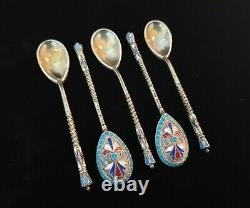 5 Rare Antique Imperial Russian Cloisonne Hot Enamel Silver Twist Tea Spoon Set