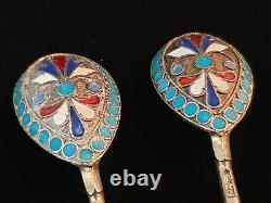 5 Rare Antique Imperial Russian Cloisonne Hot Enamel Silver Twist Tea Spoon Set