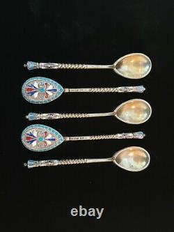 5 Rare Antique Imperial Russian Cloisonne Hot Enamel Silver Twist Tea Spoon Set