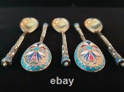 5 Rare Antique Imperial Russian Cloisonne Hot Enamel Silver Twist Tea Spoon Set