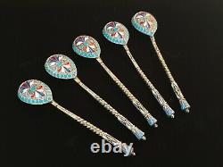 5 Rare Antique Imperial Russian Cloisonne Hot Enamel Silver Twist Tea Spoon Set