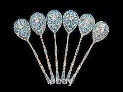 6 Antique Imperial Russian 84 Silver Spoons Set KLINGERT Cloisonne Enamel Russia