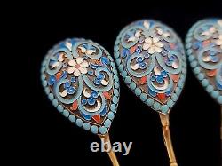 6 Antique Imperial Russian 84 Silver Spoons Set KLINGERT Cloisonne Enamel Russia