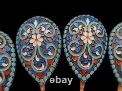 6 Antique Imperial Russian 84 Silver Spoons Set KLINGERT Cloisonne Enamel Russia