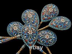 6 Antique Imperial Russian 84 Silver Spoons Set KLINGERT Cloisonne Enamel Russia