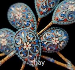 6 Antique Imperial Russian 84 Silver Spoons Set KLINGERT Cloisonne Enamel Russia