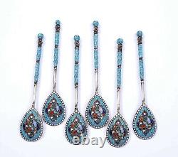 6 Antique Imperial Russian Silver 84 Cloisonne Enamel Tea Spoon Marked