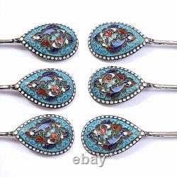 6 Antique Imperial Russian Silver 84 Cloisonne Enamel Tea Spoon Marked