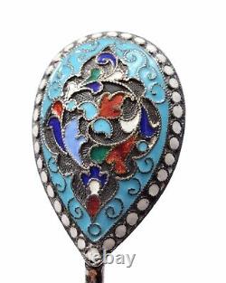 6 Antique Imperial Russian Silver 84 Cloisonne Enamel Tea Spoon Marked