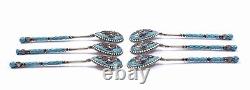 6 Antique Imperial Russian Silver 84 Cloisonne Enamel Tea Spoon Marked