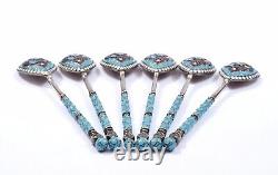 6 Antique Imperial Russian Silver 84 Cloisonne Enamel Tea Spoon Marked