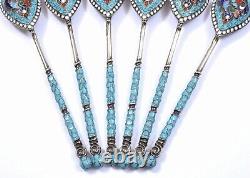 6 Antique Imperial Russian Silver 84 Cloisonne Enamel Tea Spoon Marked