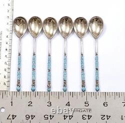 6 Antique Imperial Russian Silver 84 Cloisonne Enamel Tea Spoon Marked