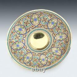 ANTIQUE 19thC IMPERIAL RUSSIAN SOLID SILVER-GILT & ENAMEL CUP ON SAUCER c. 1887