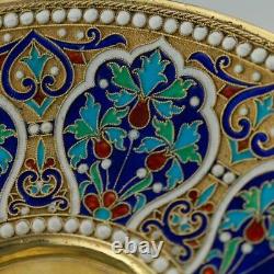 ANTIQUE 19thC IMPERIAL RUSSIAN SOLID SILVER-GILT & ENAMEL CUP ON SAUCER c. 1890