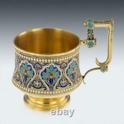 ANTIQUE 19thC IMPERIAL RUSSIAN SOLID SILVER-GILT & ENAMEL CUP ON SAUCER c. 1890