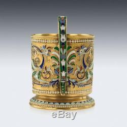 ANTIQUE 20thC IMPERIAL RUSSIAN SOLID SILVER-GILT ENAMEL TEA GLASS HOLDER c. 1900